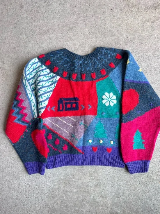 Vintage 80s Eagle eye patchwork wool hand knit cottagecore sweater jumper top - Picture 6 of 10